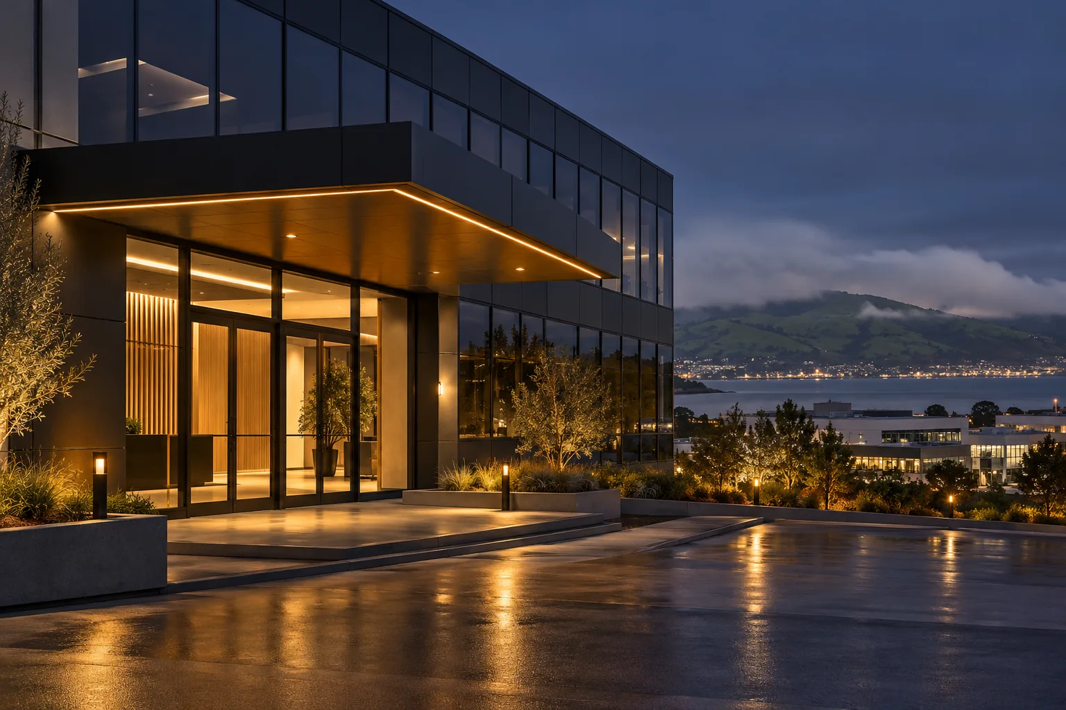 Commercial building at night in South San Francisco