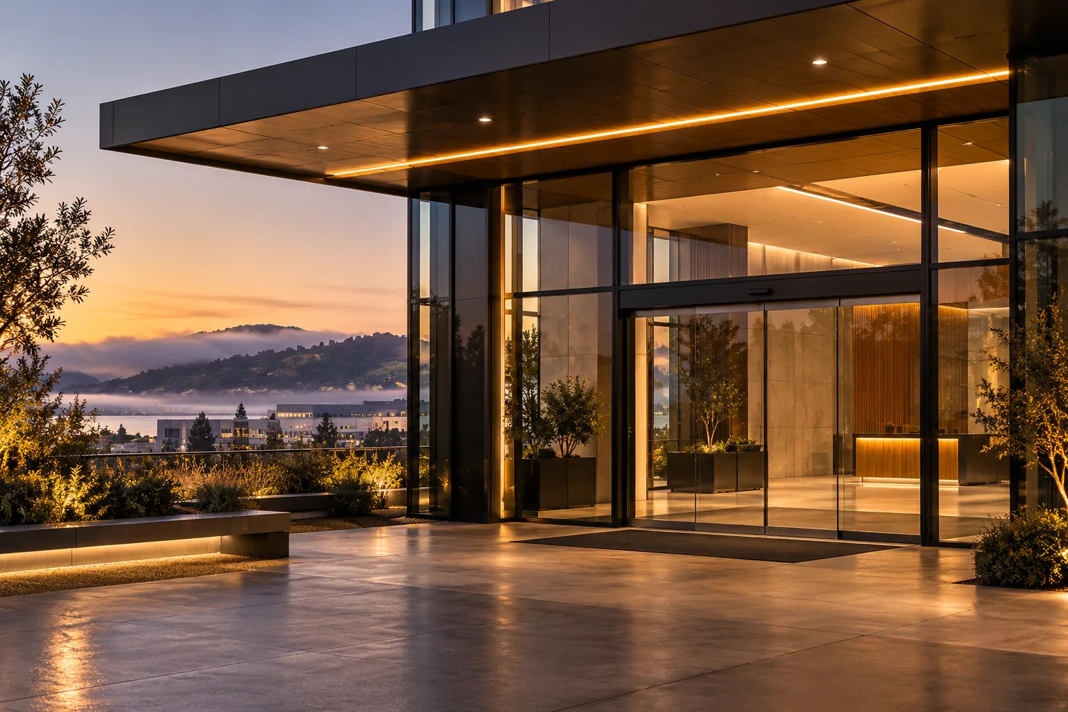 Well-lit commercial entrance at dusk in South San Francisco