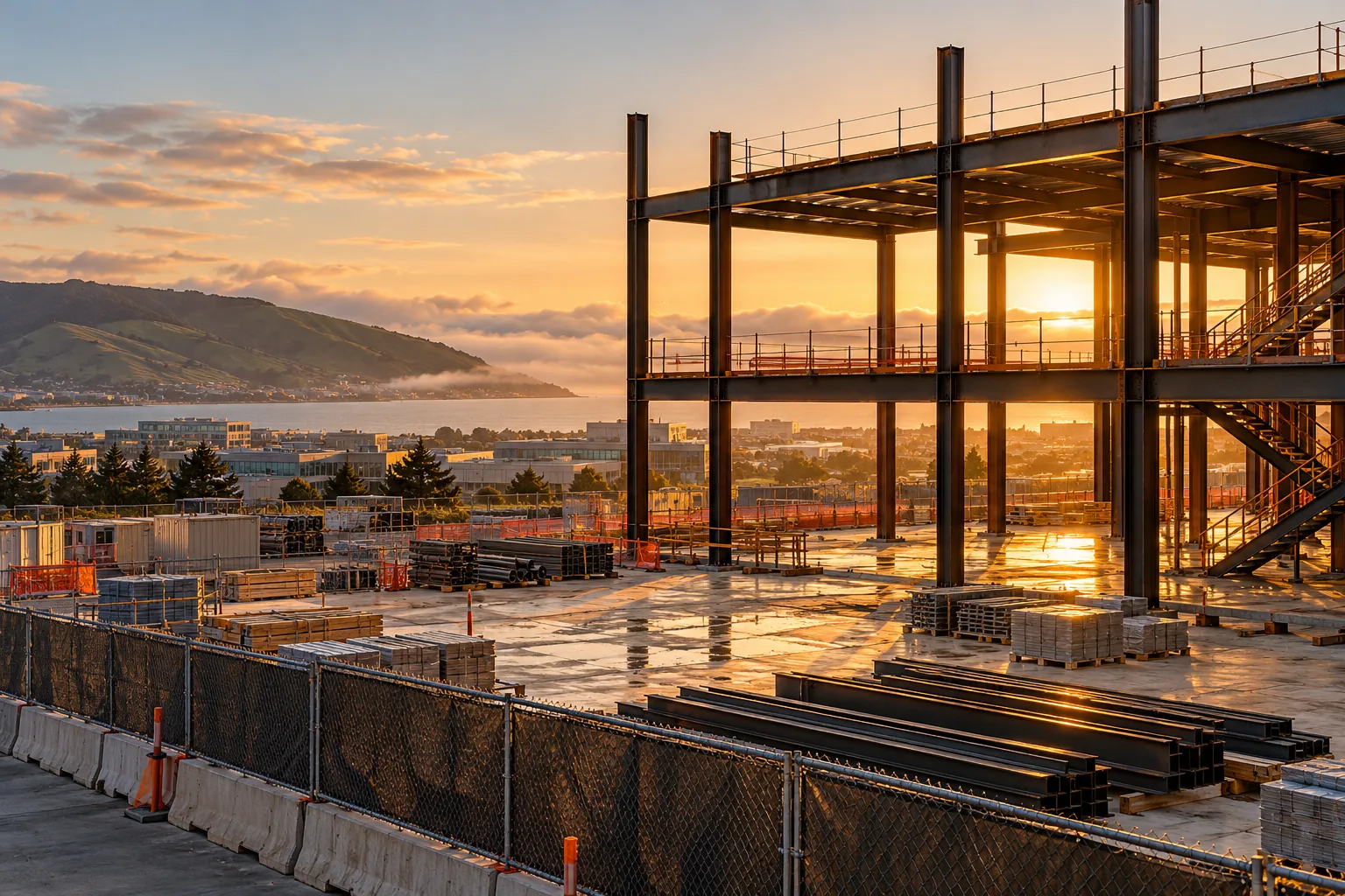 Commercial construction site at golden hour in South San Francisco