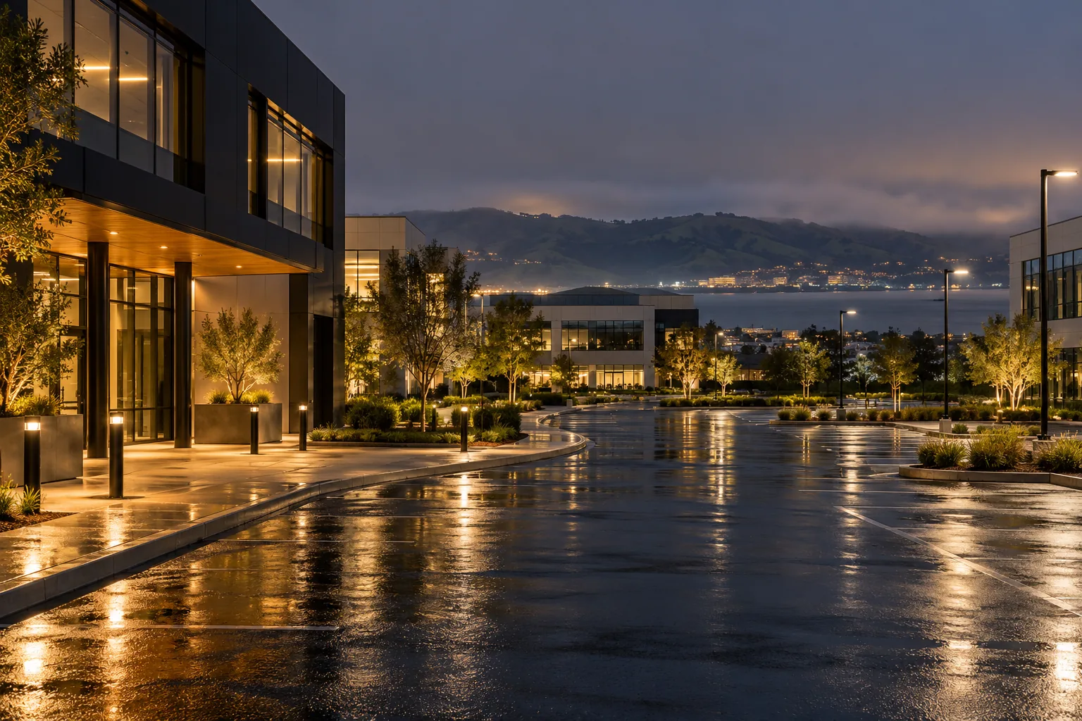 Business park at night under lights in South San Francisco