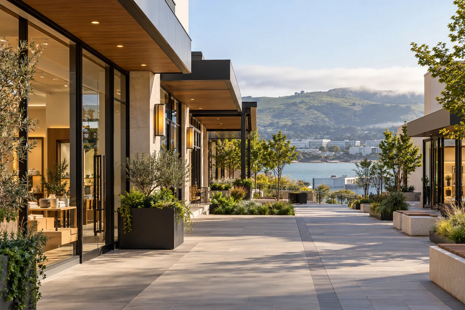 Open-air shopping center walkway in South San Francisco
