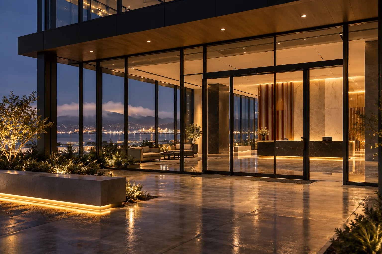 Building lobby glowing at night in South San Francisco