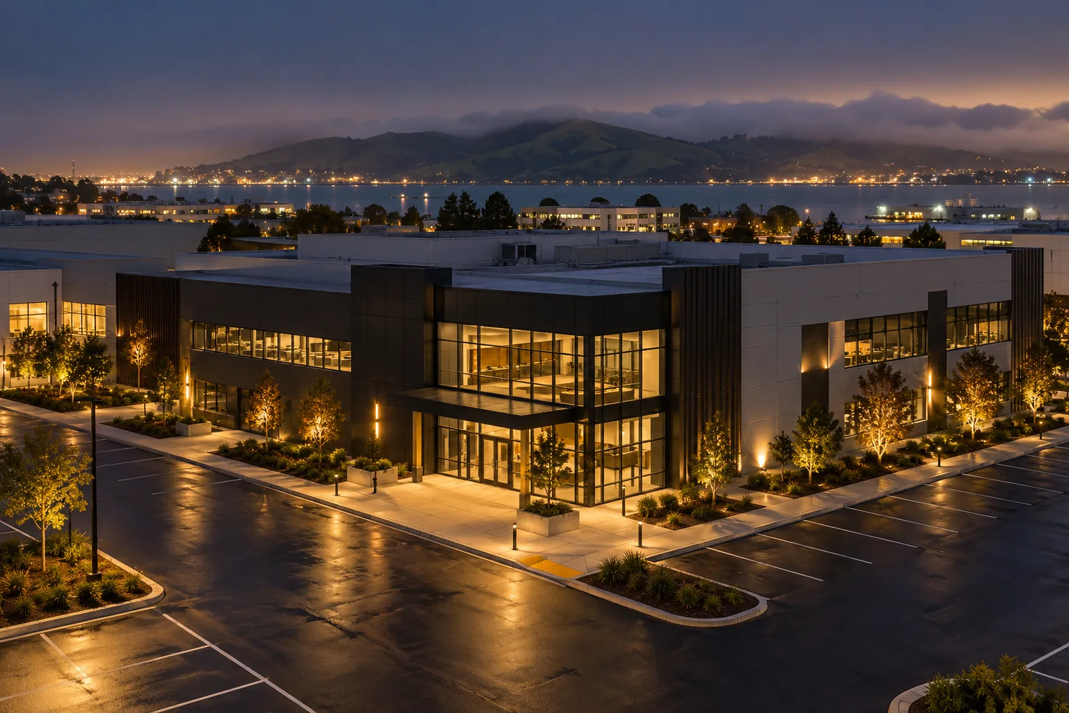 Commercial property at night from above in South San Francisco